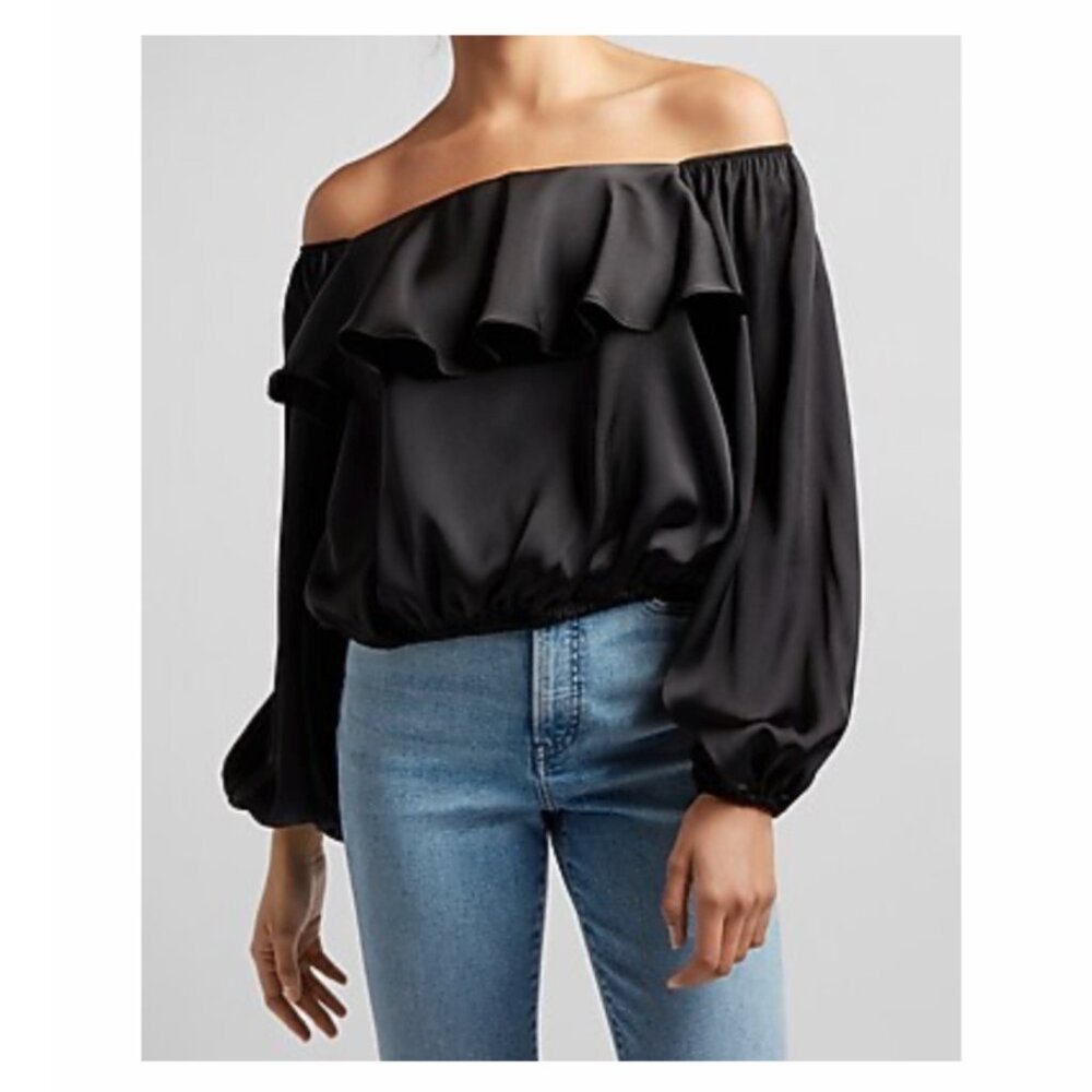 Express Black Satin Off-the-Shoulder Ruffle Top